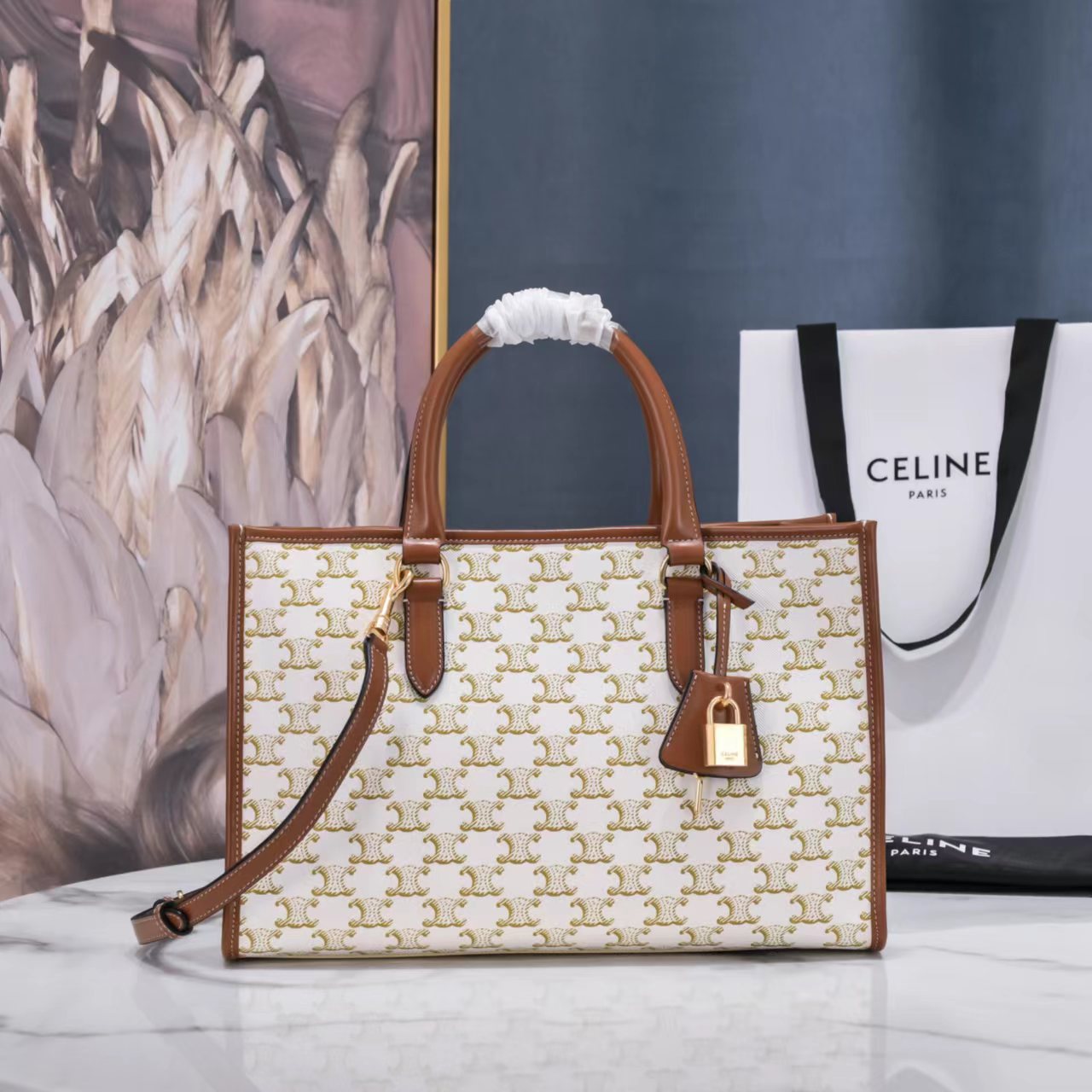 Celine Mini Horizontal Cabas In Triomphe Canvas And Calfskin White 199742